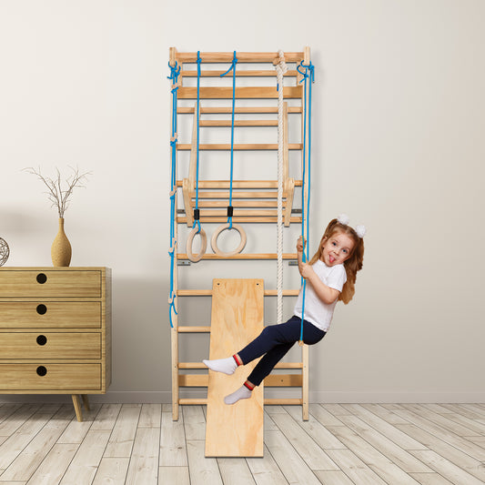 Costway 2.2m Wall Bars Gymnastics Wall with Rings and Swing and Slide