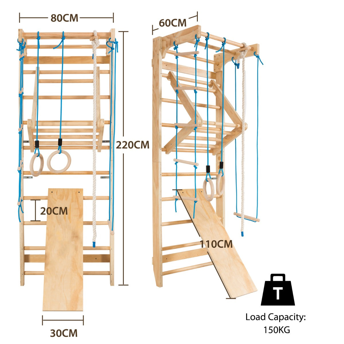 Natural Wood Wall Bars | Rings Swing Slide & Climbing Frame