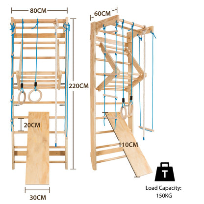 Natural Wood Wall Bars | Rings Swing Slide & Climbing Frame