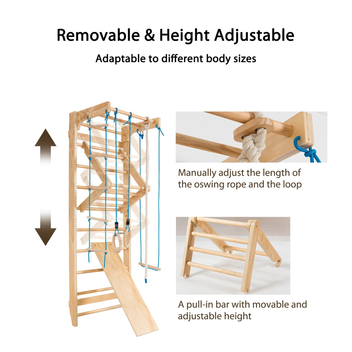 Natural Wood Wall Bars | Rings Swing Slide & Climbing Frame
