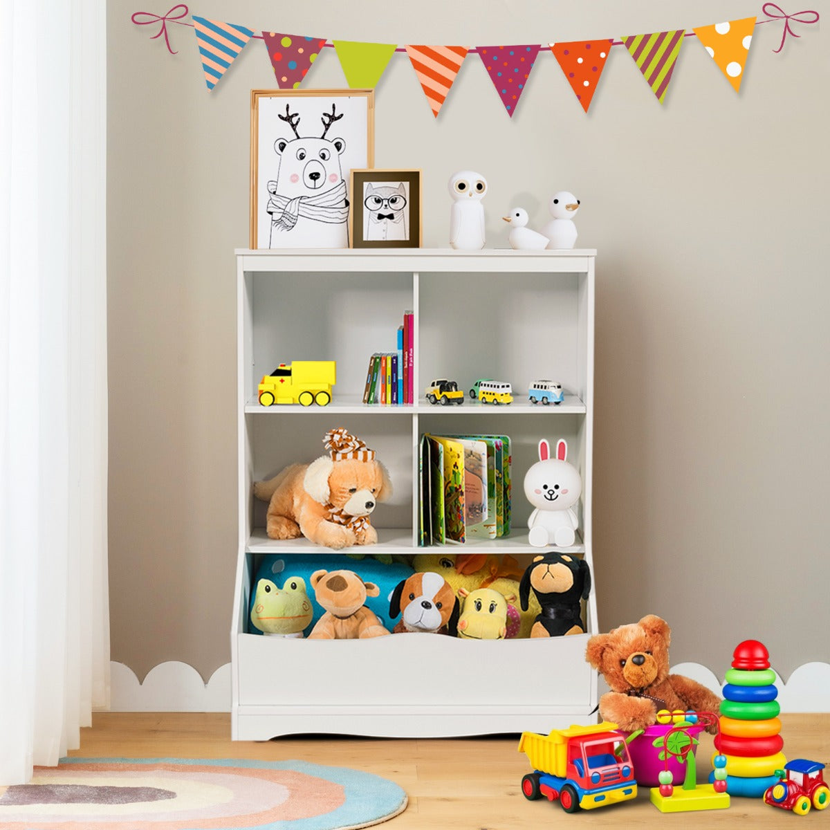  3-Tier Wooden Bookshelf with Spacious Storage Space for Playroom Bedroom