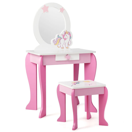 Kids vanity set with pink unicorn design, mirror, and stool for play and grooming.