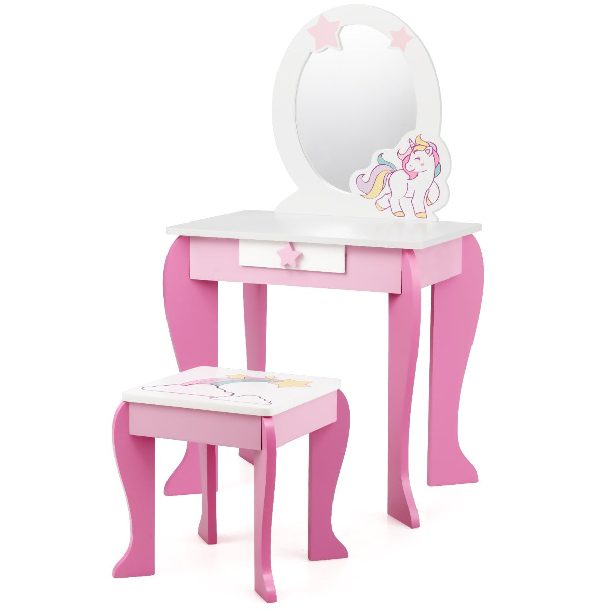 Pink Unicorn Kids Vanity Table Set with Mirror and Stool for imaginative play and grooming.