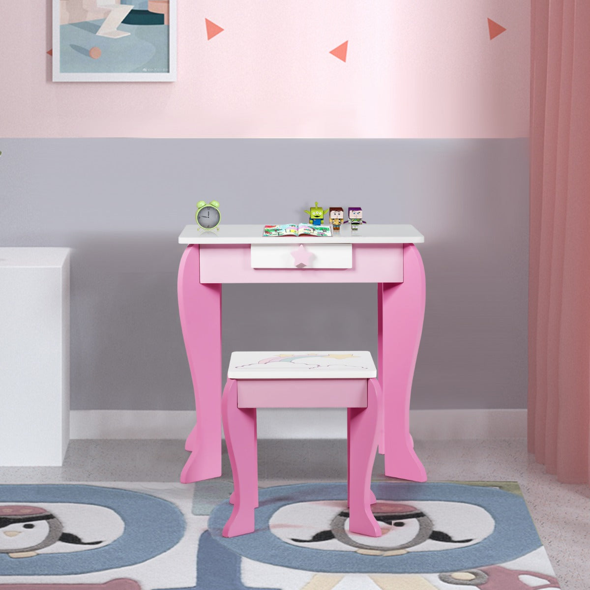 Kids pink Unicorn Vanity Table Set with Mirror and Stool for imaginative playtime.