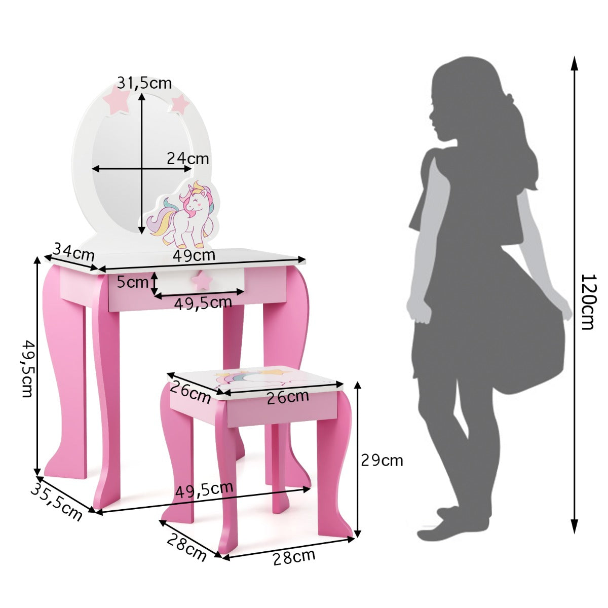 Kids pink unicorn vanity set with mirror and stool for imaginative play at home.