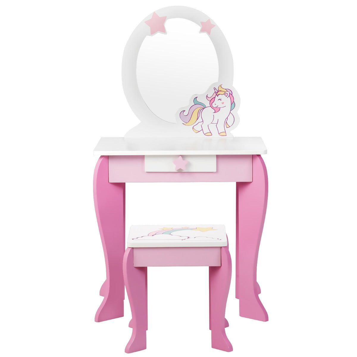 Pink unicorn kids vanity table set with mirror and stool for imaginative play fun.