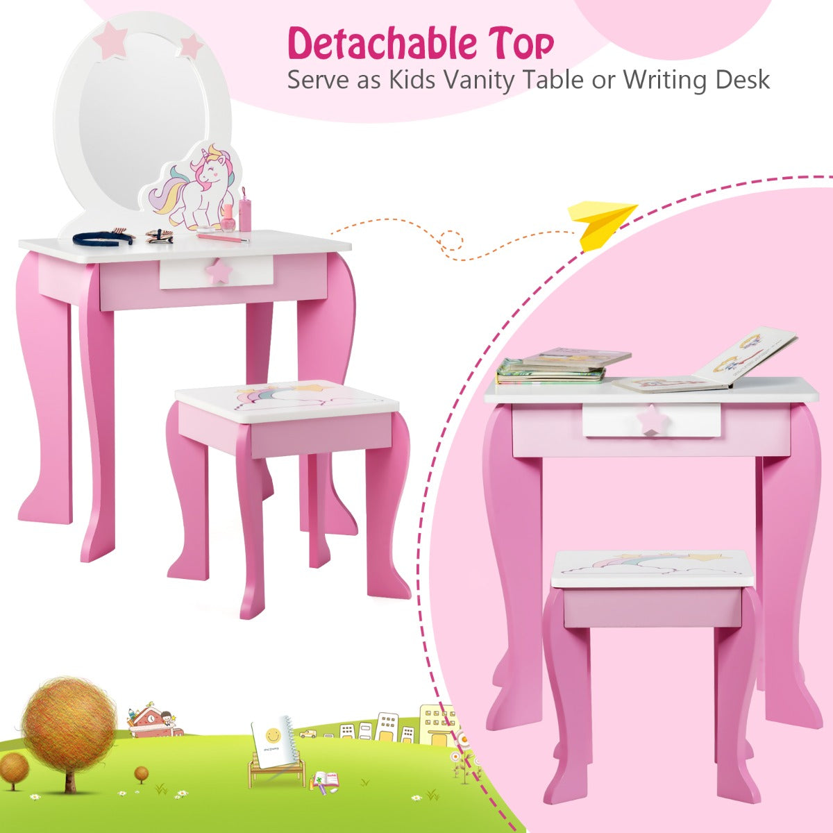 Pink Unicorn Kids Vanity Table Set with Mirror and Stool, perfect for imaginative play.