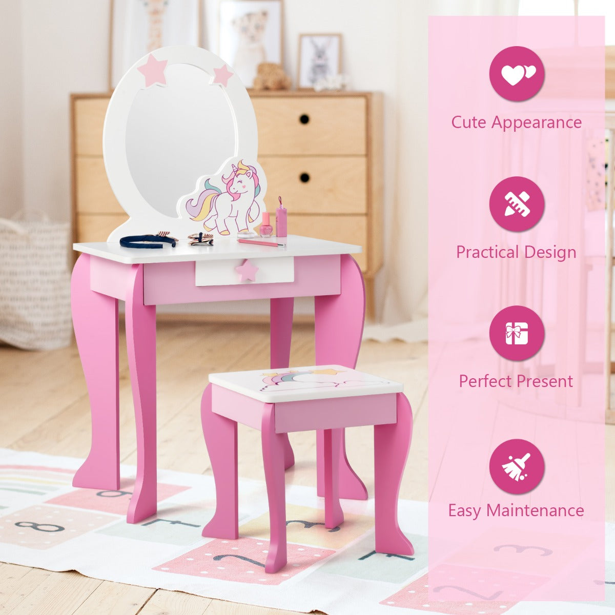 Kids vanity table set features pink unicorn design with mirror and stool for imaginative play.