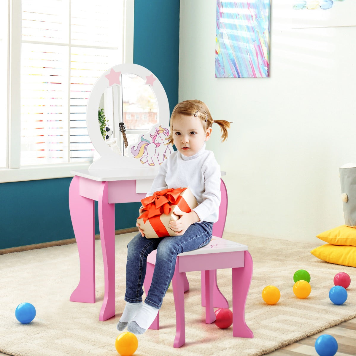 Kids pink unicorn vanity set with mirror and stool, perfect for imaginative play and grooming.