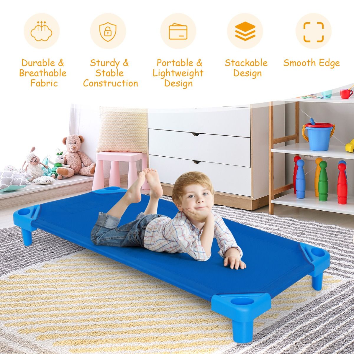 Stackable Cot 6 Pack | Blue Oxford Cloth, Easy Lift, Comfy Nap Space