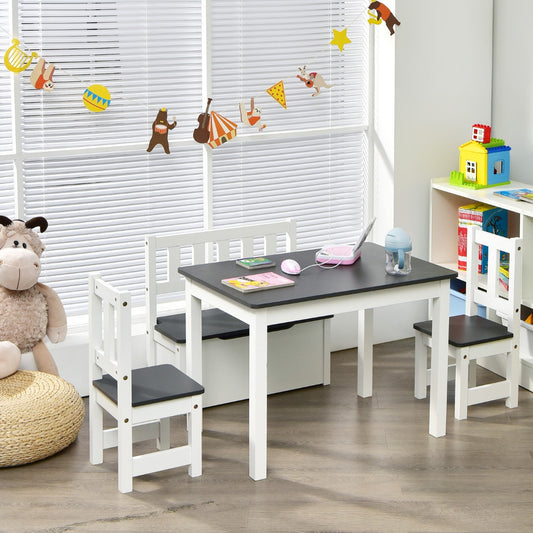 Kids activity table set with chairs and storage bench for creative play at home.