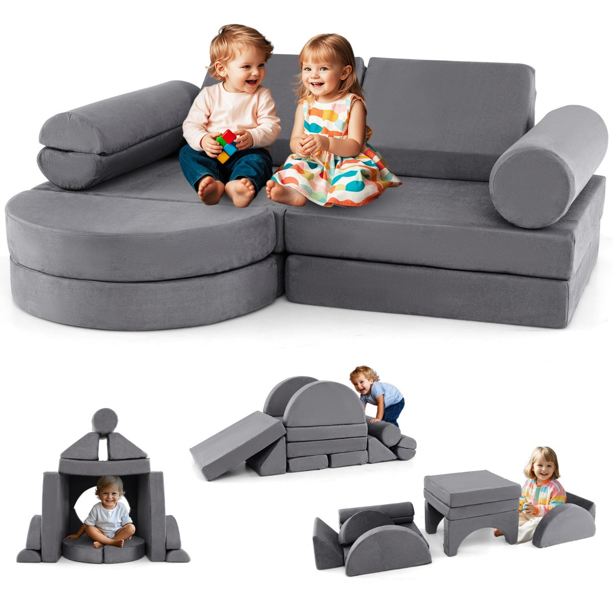 Costway 13 PCS Modular Kids Play Couch for Nursery Playroom Bedroom Living Room-Grey