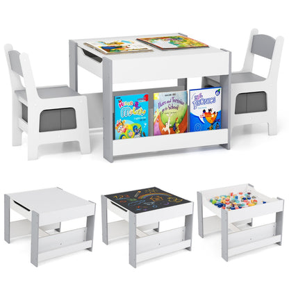 Costway 4-in-1 Kids Wooden Activity Table with Reversible Blackboard and Bookshelves-Grey