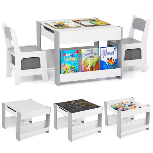 Costway 4-in-1 Kids Wooden Activity Table with Reversible Blackboard and Bookshelves-Grey