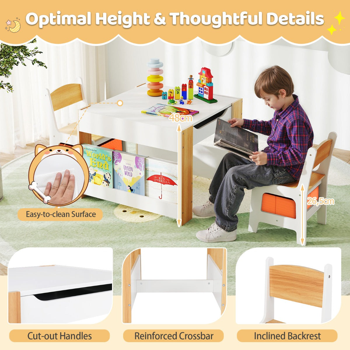 4 In 1 Kids Wooden Activity Table | Reversible Board Natural