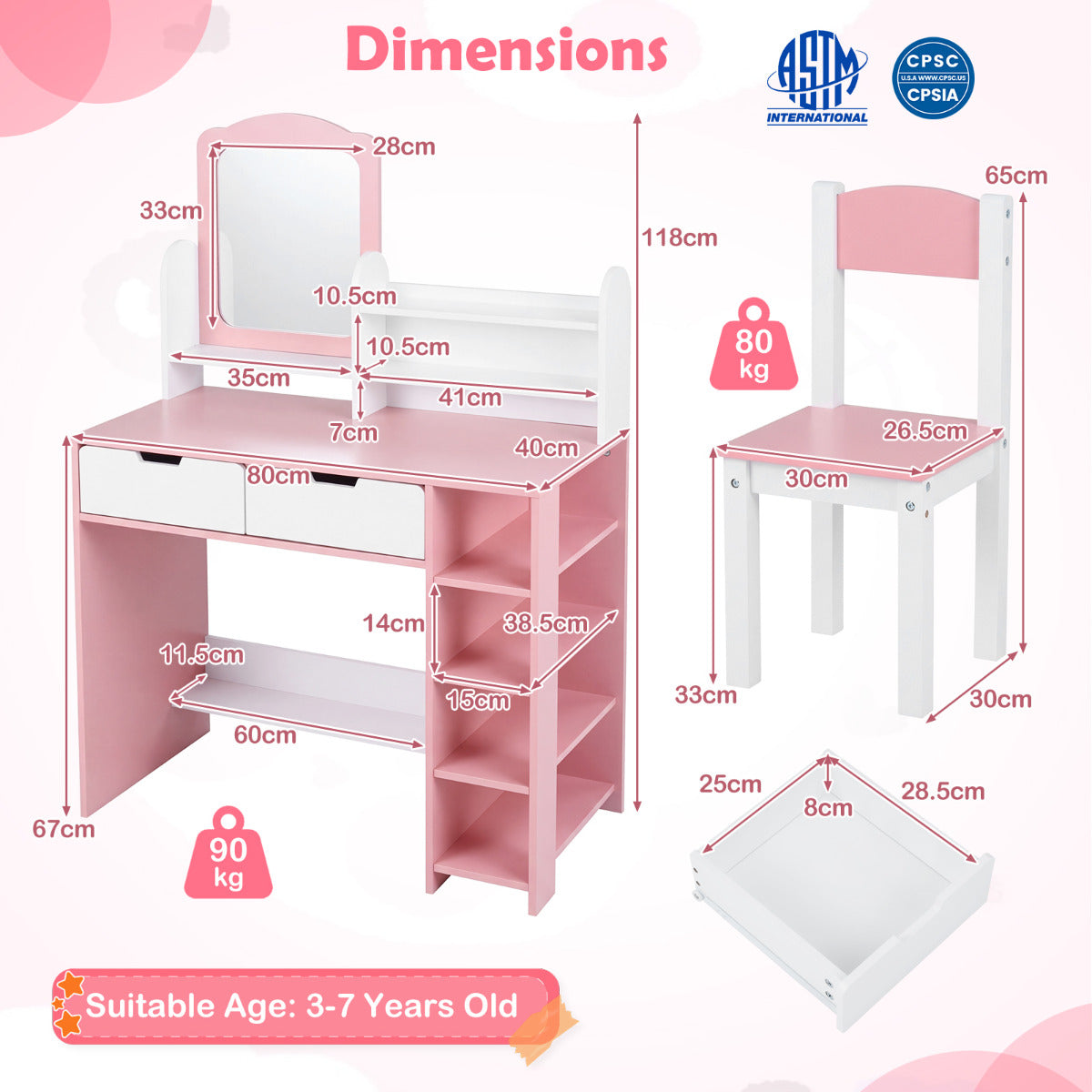 White & Pink Princess Vanity Set With Mirror and Chair | Girls