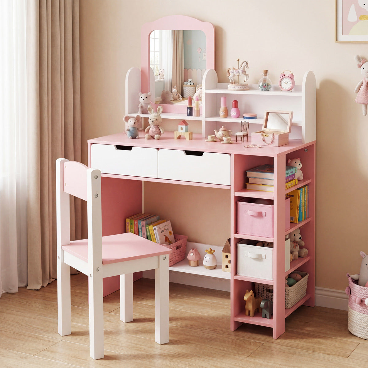 White & Pink Princess Vanity Set With Mirror and Chair | Girls