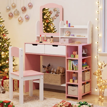 White & Pink Princess Vanity Set With Mirror and Chair | Girls