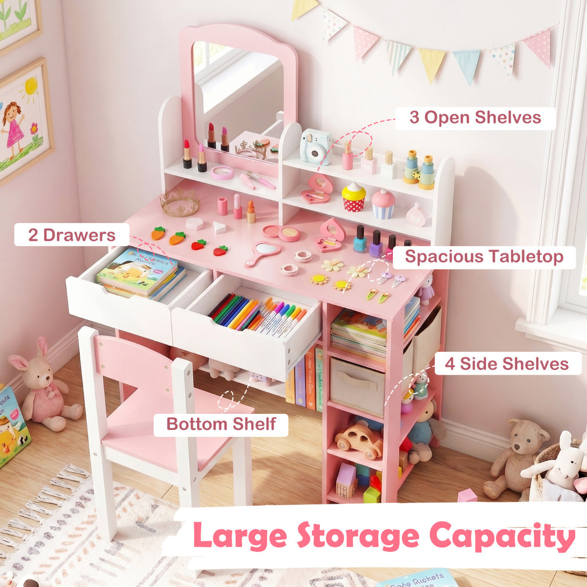 White & Pink Princess Vanity Set With Mirror and Chair | Girls