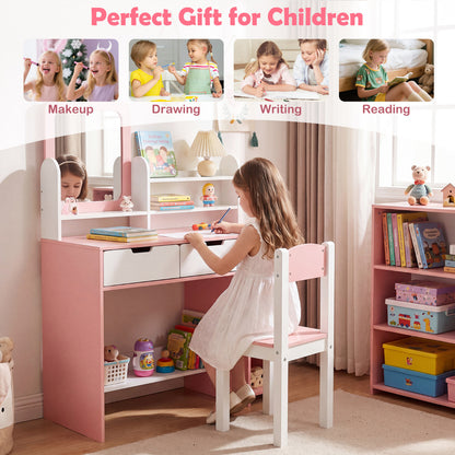 White & Pink Princess Vanity Set With Mirror and Chair | Girls
