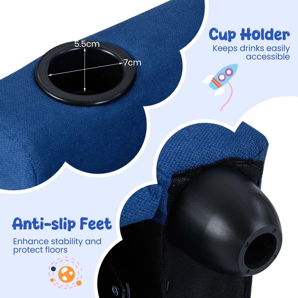Blue Velvet Kids Recliner | Push Back Toddler Sofa with Footrest