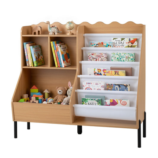 Costway Kids Bookshelf and Toy Storage Organizer with 5 Fabric Pockets and Metal Legs-Natural