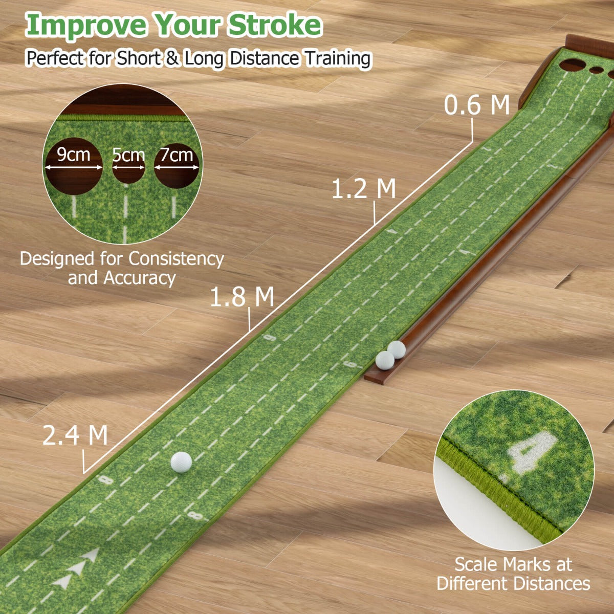 Green & Brown Golf Putting Mat | Auto Ball Return System