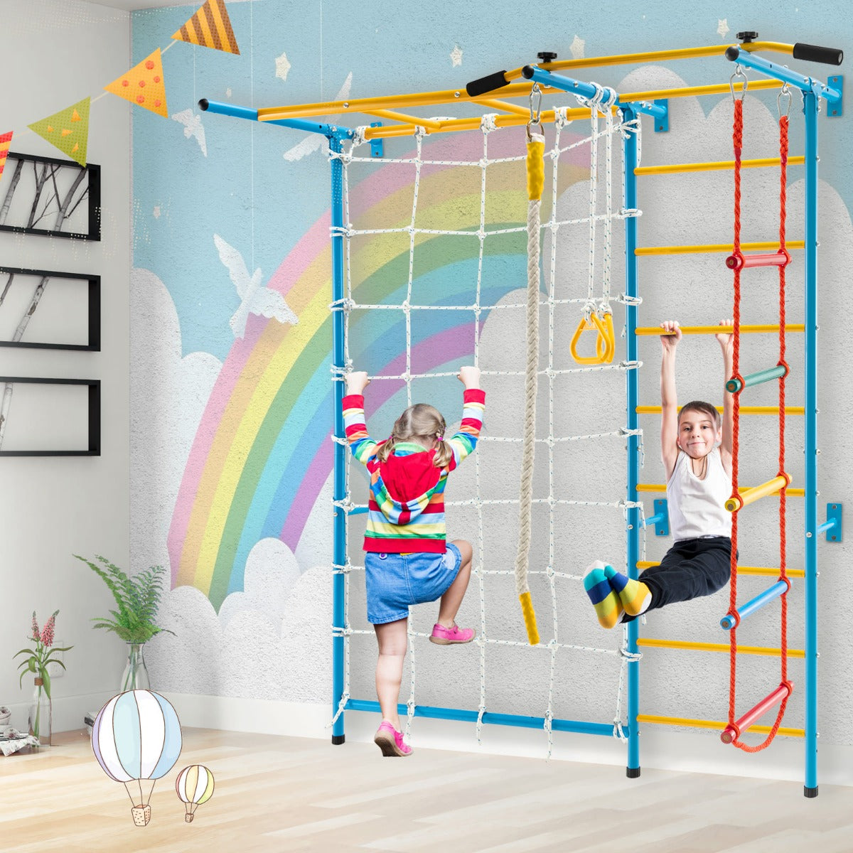 Kids home playground set with monkey bars for indoor fun and physical activity.