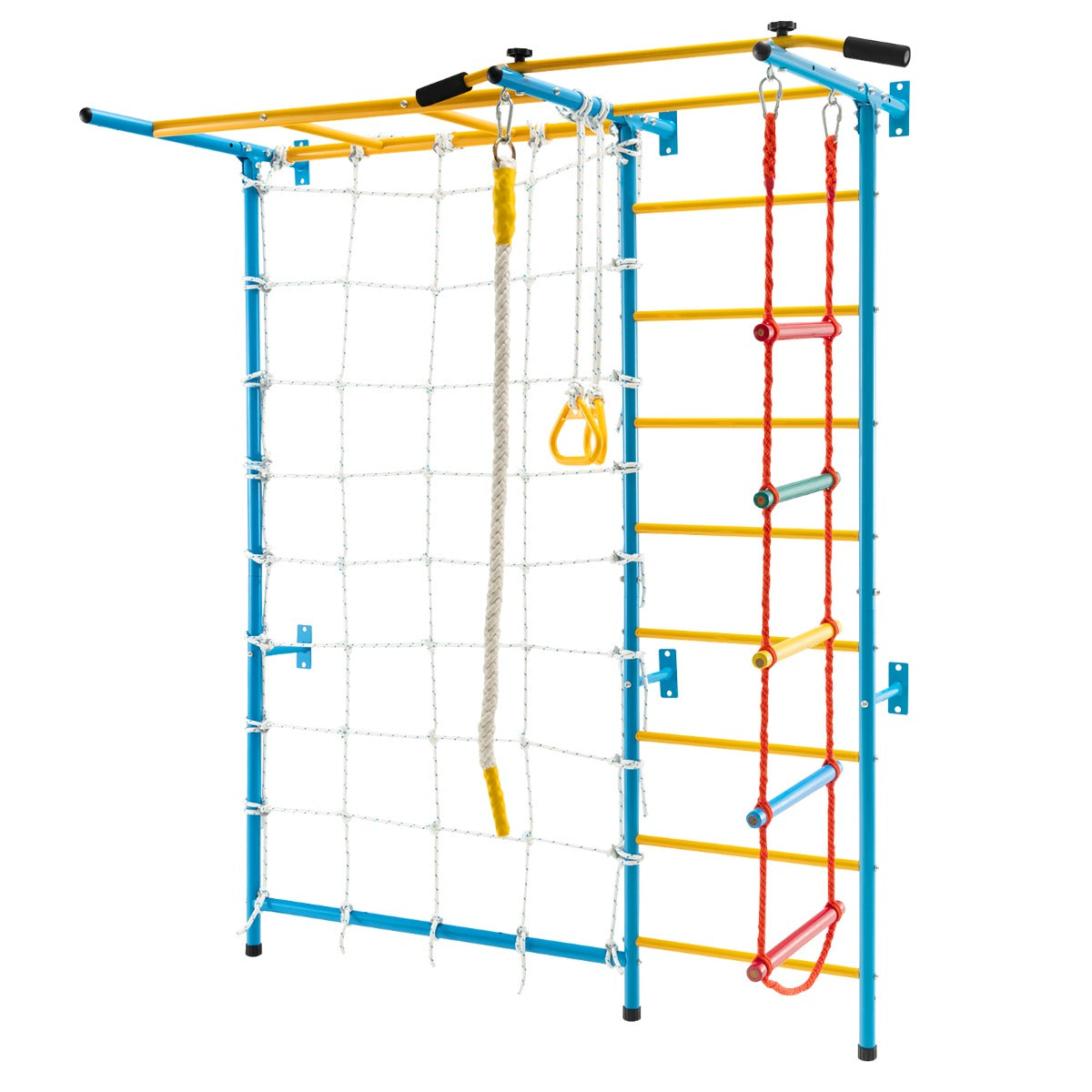 Kids indoor playground set with monkey bars for active play at home gym.