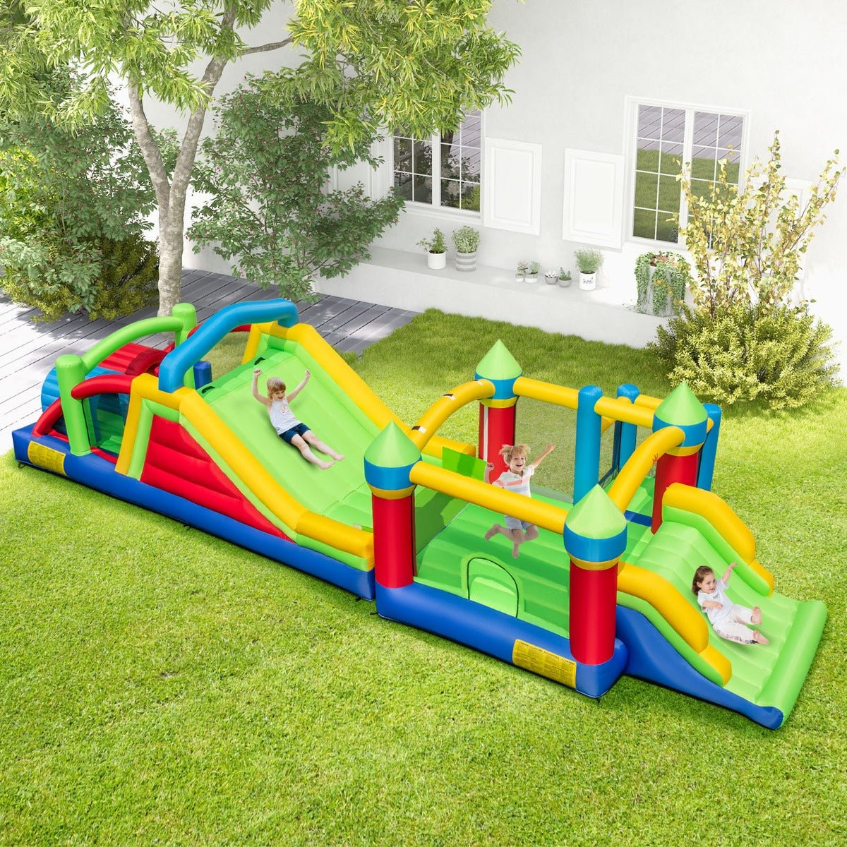 Ultimate fun with Kids Inflatable Obstacle Course and Bounce House Combo Set for home play.