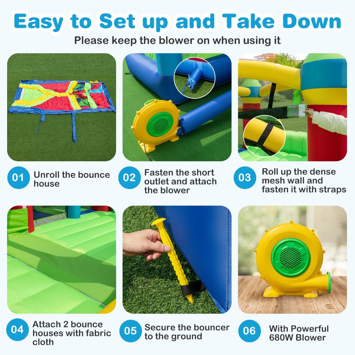 Colorful kids inflatable obstacle course and bounce house combo set for active indoor playtime.