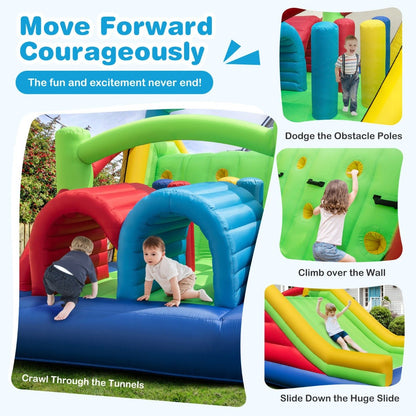 Colorful kids inflatable obstacle course and bounce house combo set for backyard fun.