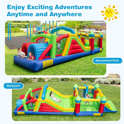 Kids inflatable obstacle course and bounce house combo for active play at home.