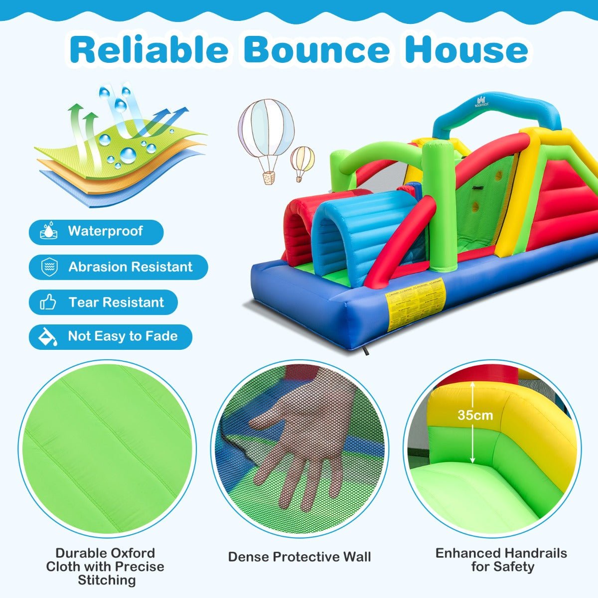 Childrens inflatable obstacle course and bounce house combo, perfect for backyard playtime fun.