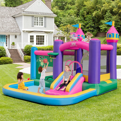 Vibrant inflatable bounce house featuring six diverse play areas for endless outdoor entertainment and active fun.