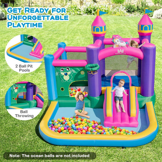 inflatable bounce house featuring six activities, including slides and obstacle courses, for endless outdoor fun