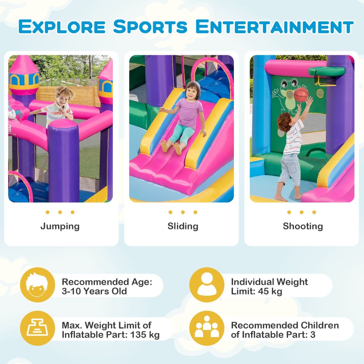 Vibrant inflatable bounce house featuring six activities, including slides and obstacles, for outdoor play and entertainment.