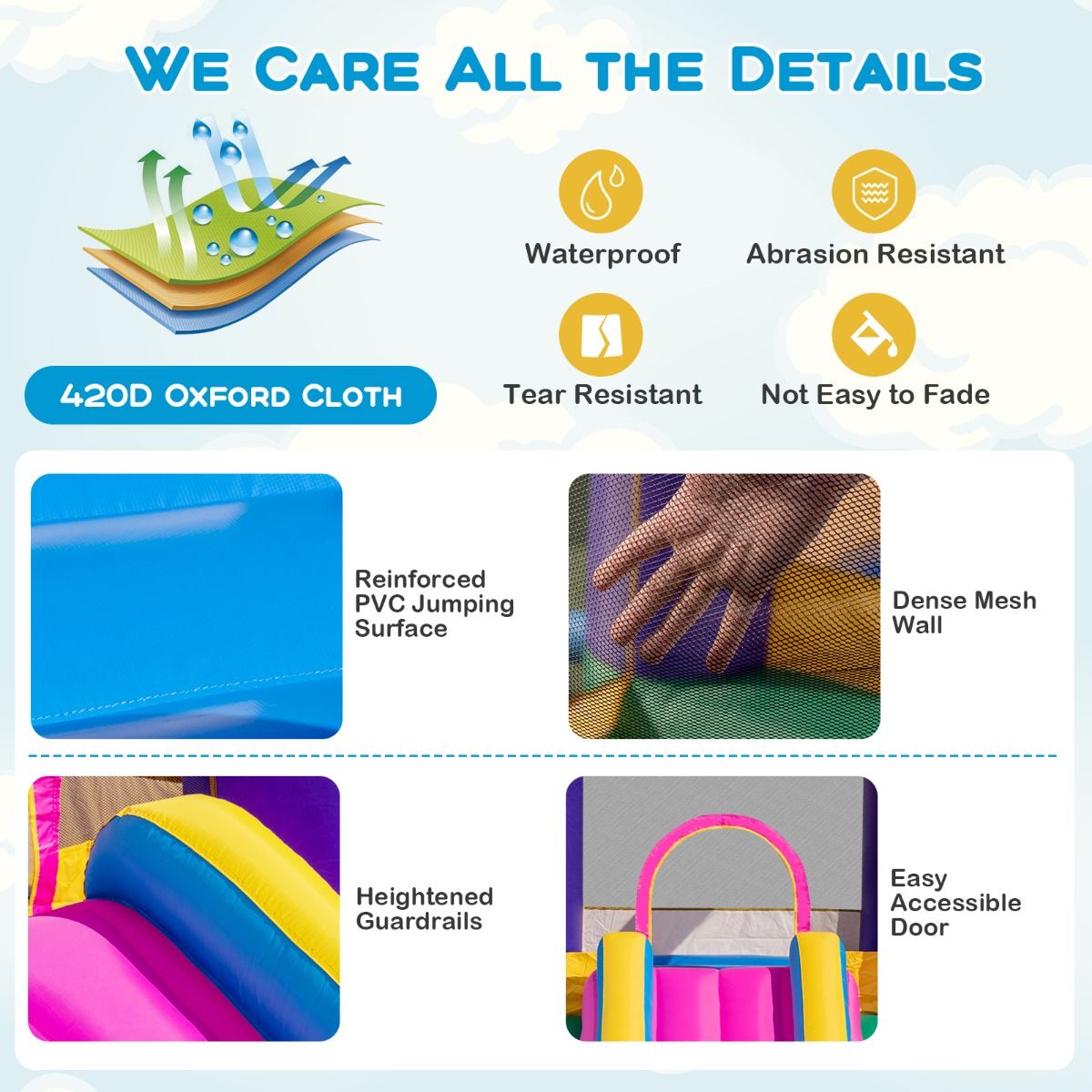 Vibrant inflatable bounce house featuring six versatile play areas for endless outdoor fun and active entertainment.