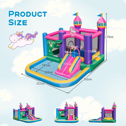 Vibrant inflatable bounce house featuring six activities, including slides and obstacles, for endless outdoor entertainment.