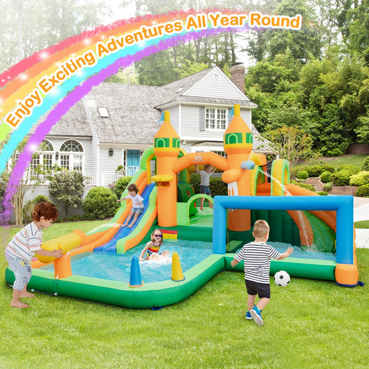 Colorful inflatable water slide and splash pool combo transforms backyards into an exciting aquatic playground for children