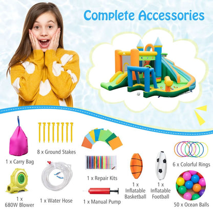 Kids inflatable water park with slides, climbing wall & blower for backyard fun.