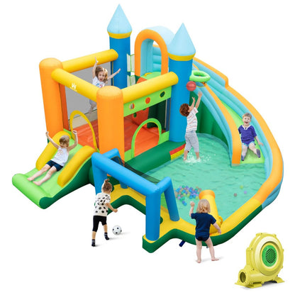 Kids inflatable water park w/ slides, climbing wall & blower for backyard fun.