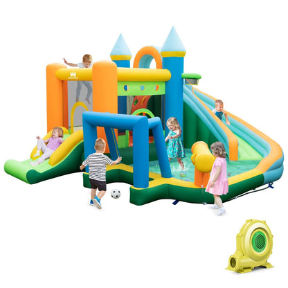 Kids inflatable water park with slides, climbing wall & powerful blower for backyard fun