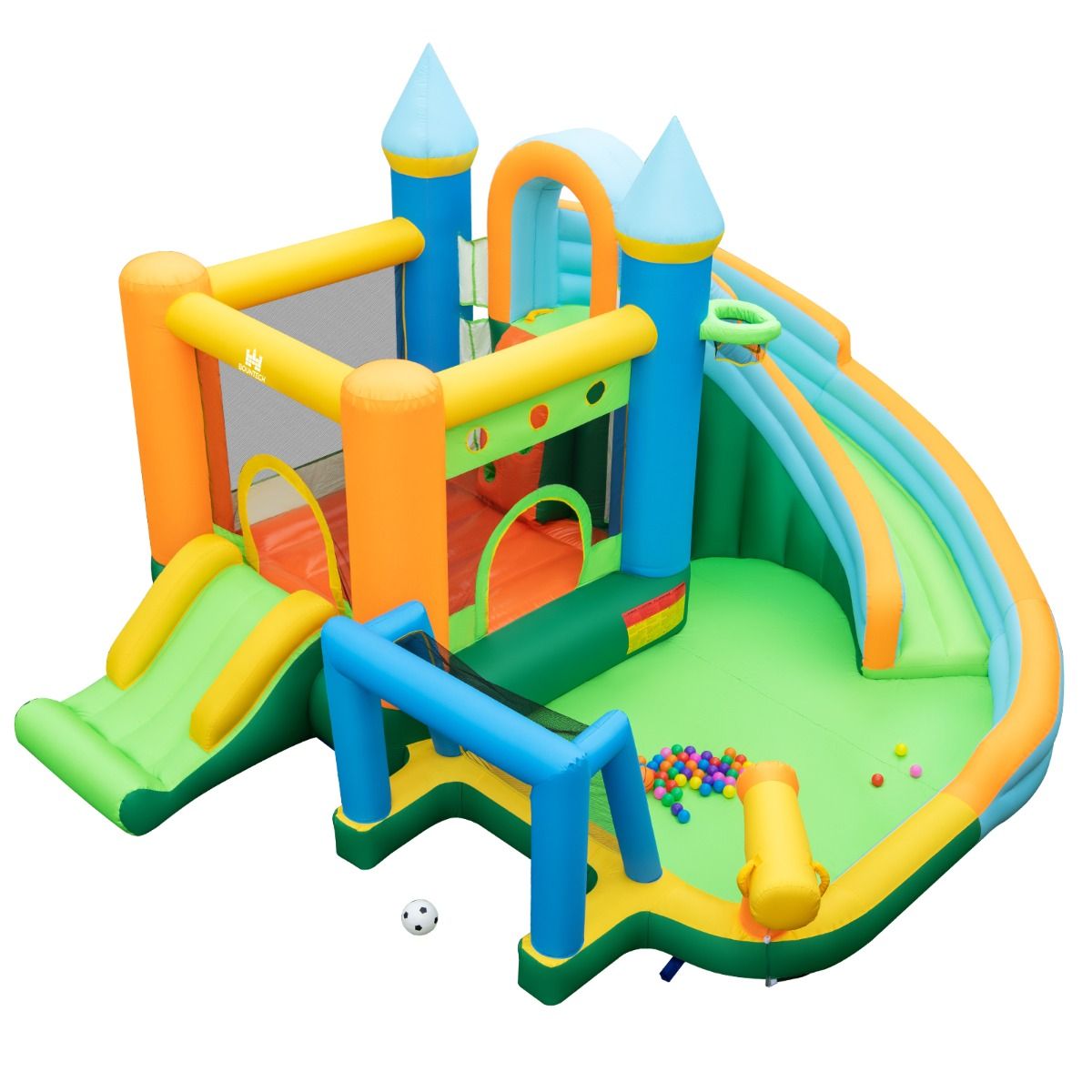 Inflatable water park with slides & climbing wall for kids backyard fun and entertainment.
