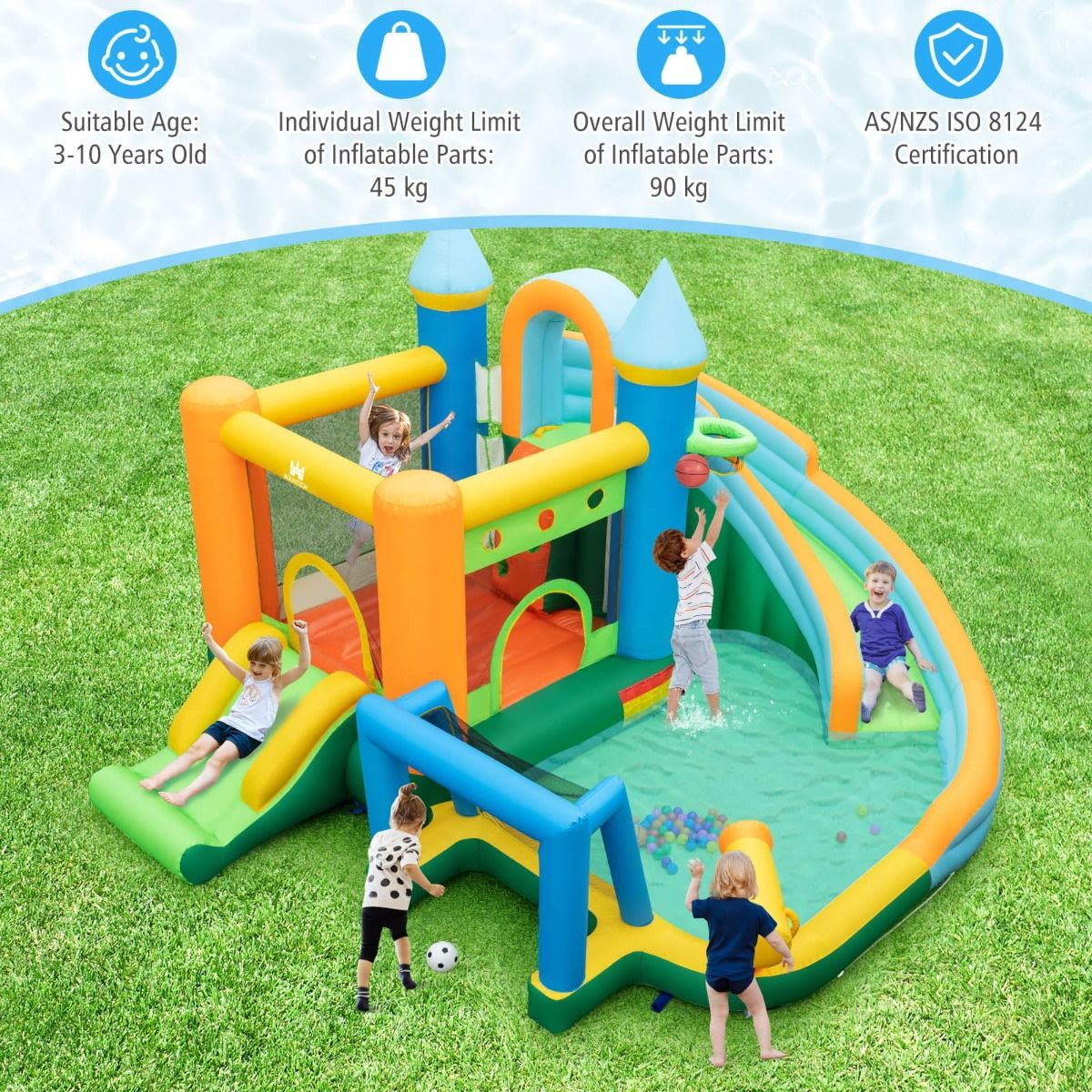 Inflatable water park for kids with slides and climbing wall for backyard fun.