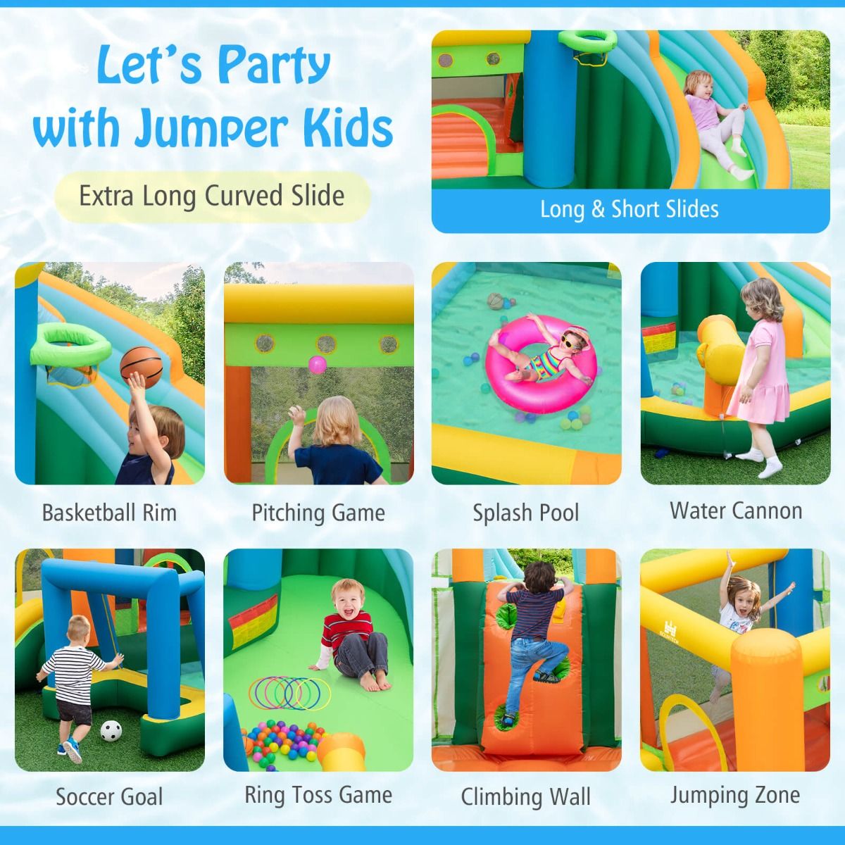 Kids inflatable water park with slides & climbing wall for backyard fun & adventure.