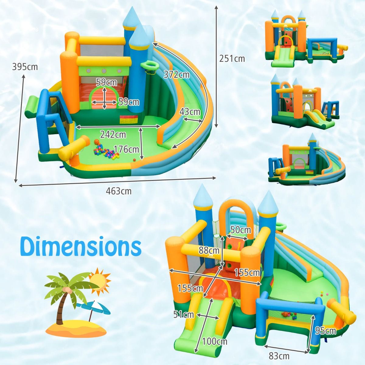 Kids inflatable water park with slides & climbing wall for backyard summertime fun.