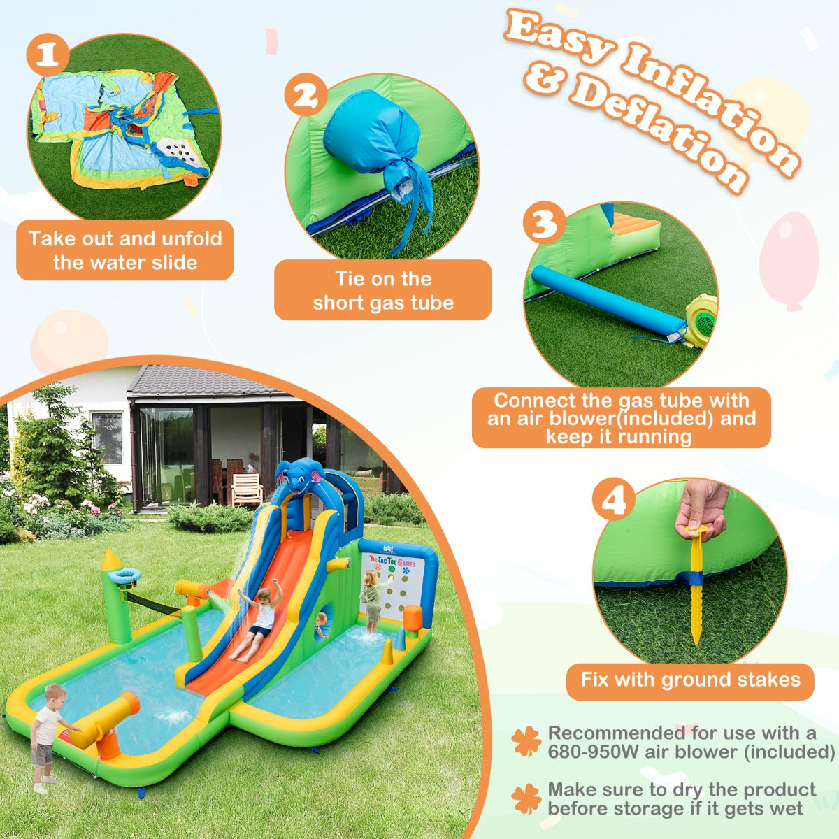 9-in-1 Multicolor Inflatable Water Slide | Pool & Blower Included