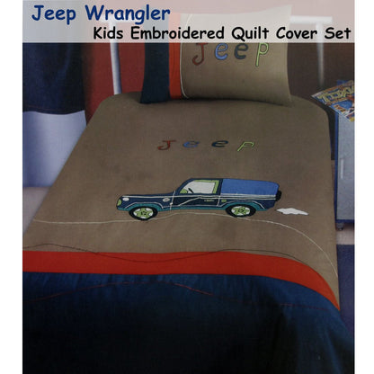 Kids Jeep Wrangler quilt cover set in single size, embroidered design for playful bedrooms.