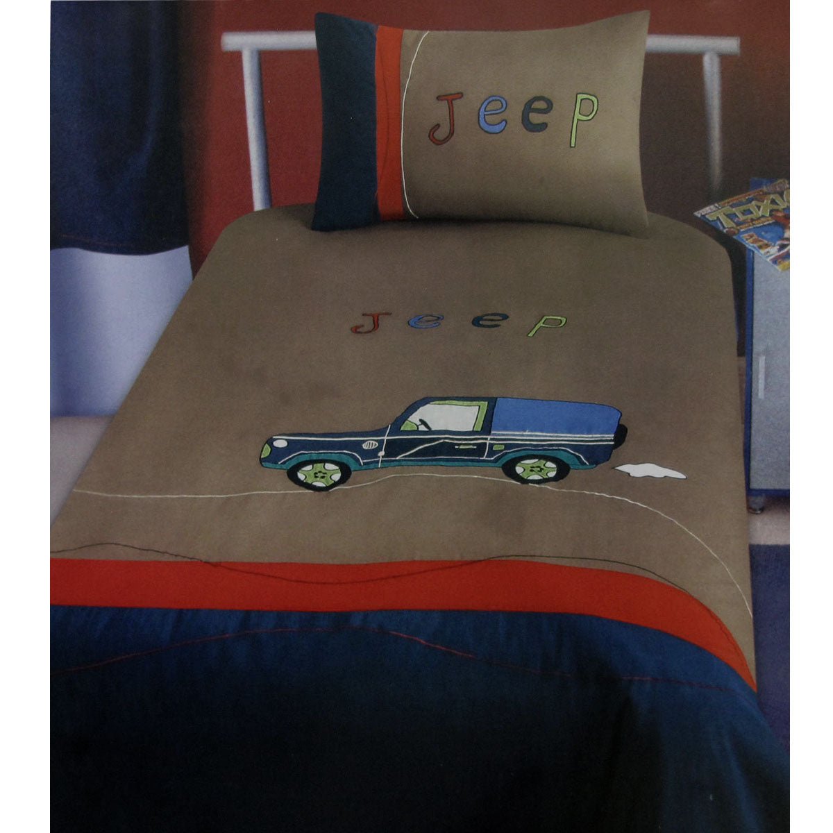 Jeep Wrangler Kids Quilt Cover Set, Single Size, Embroidered Design for Adventure-themed Rooms